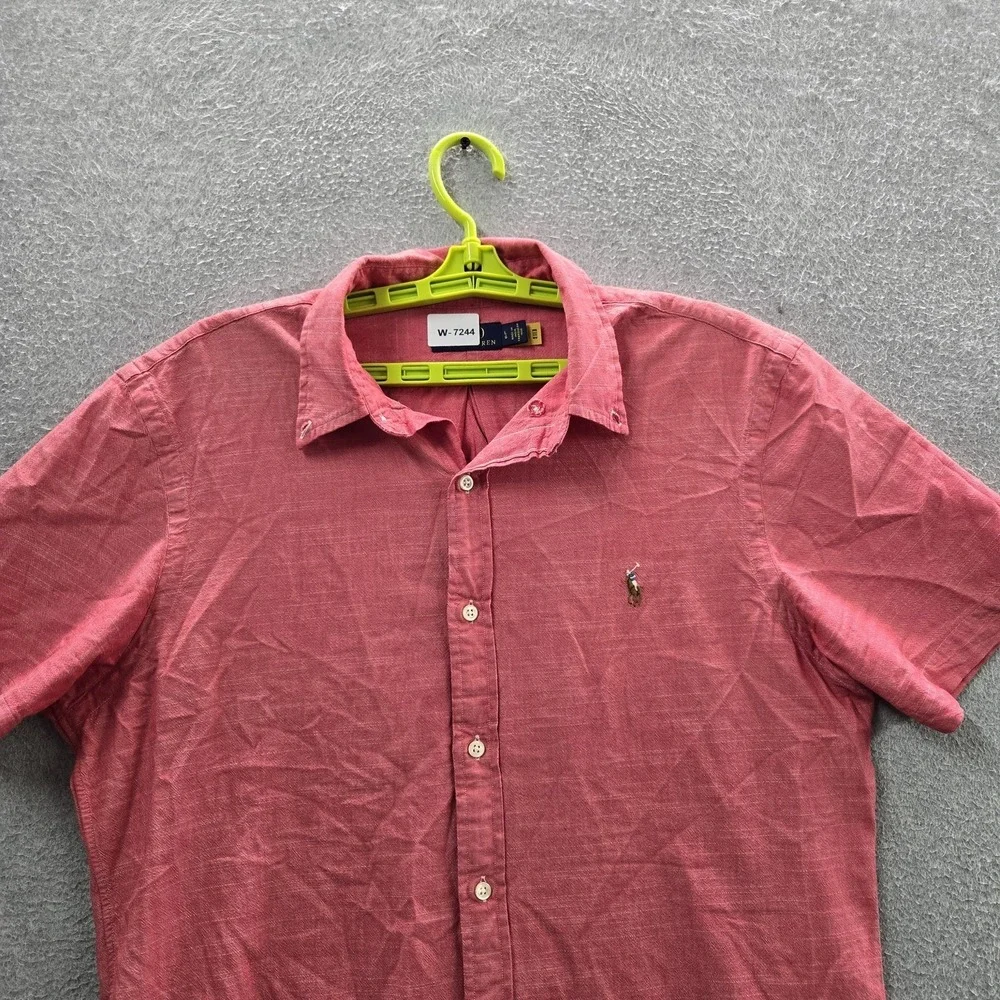 Polo Ralph Lauren Men Button Up Shirt L Red Embroidered Slim Short Sleeve
